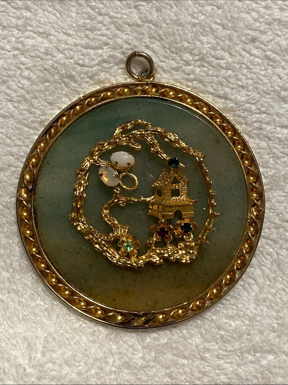 Vintage Chinese Gold-Tone Jade Disc Pendant Necklace - Green and Gold